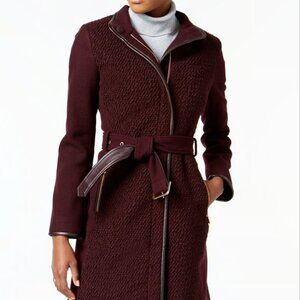 Vince Camuto Burgundy Faux-Leather-Trim Bouclé Coat Size S
